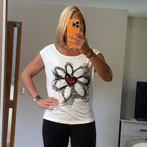 Desigual White Top with Black and Red Floral Design